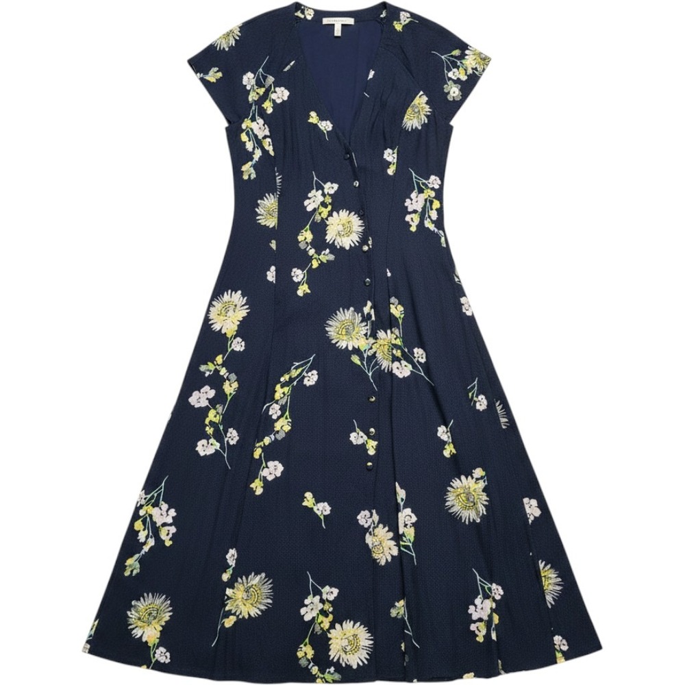 Free People Blue Combo Floral Midi Dress Button Front Chevron XS New
